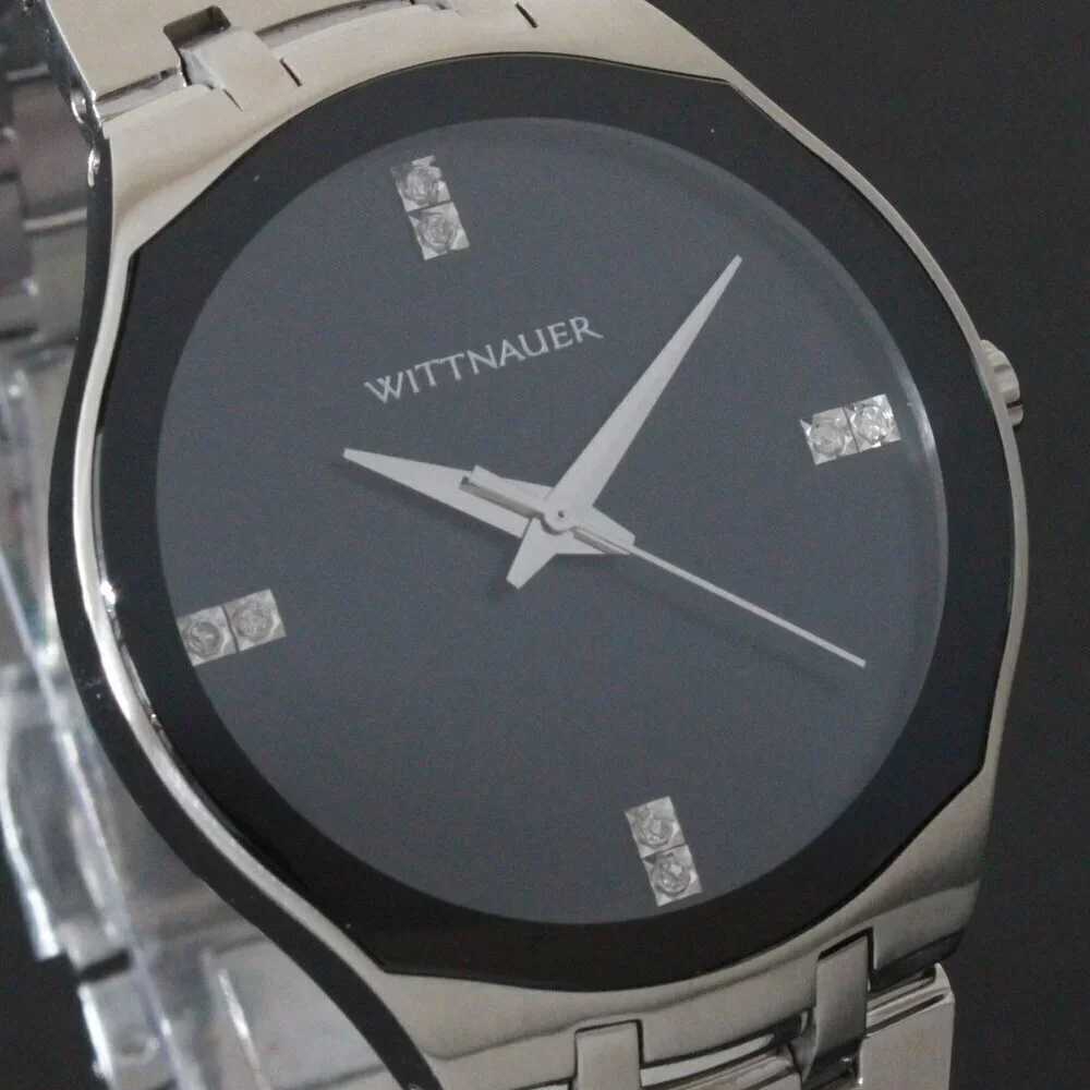 Wittnauer Ladies Dress Watch 8 Diamonds On Black Sun-ray Dial 36mm